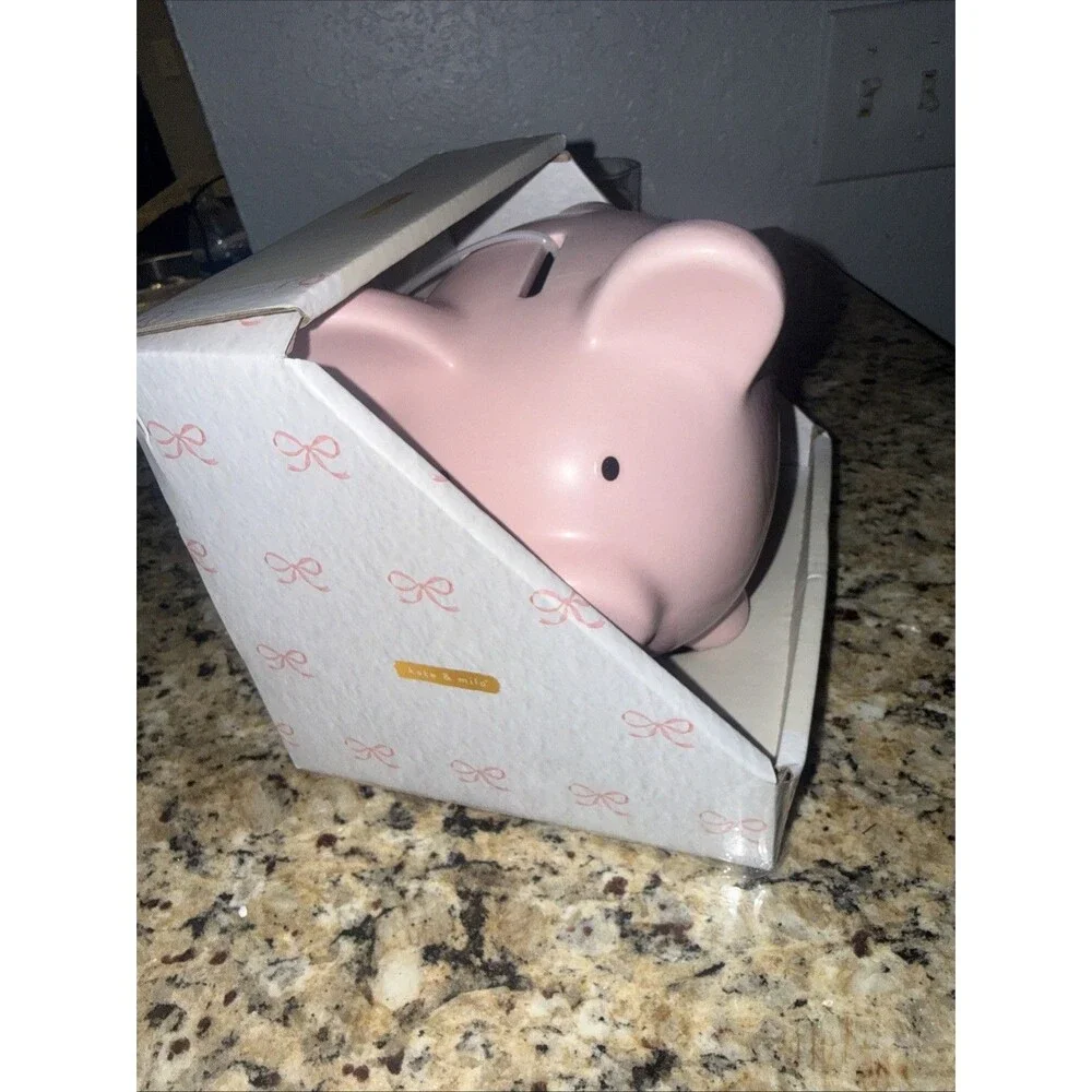 My First Piggy Bank Pink Coin Bank With Flowers Child’s Ceramic 8” X 6” Complete